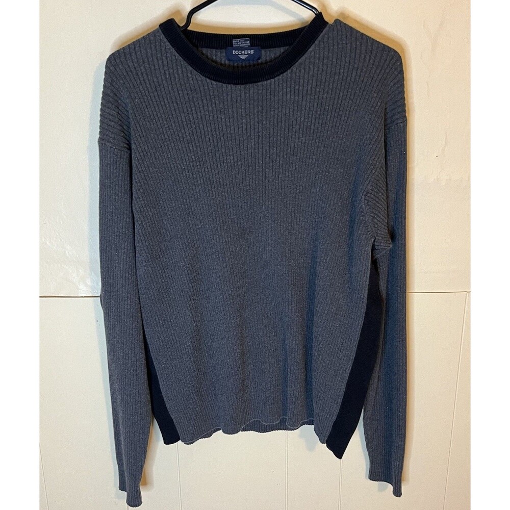 Dockers Mens XL Ribbed Knit Gray Black Long Sleeve Pullover Sweater 100% Cotton
